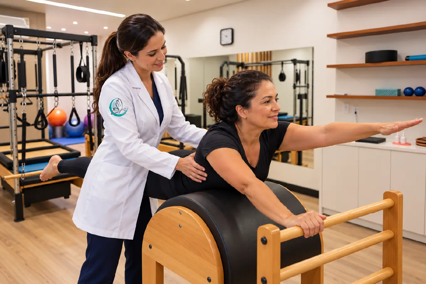 Pessoa realizando exercícios de Pilates em uma clínica